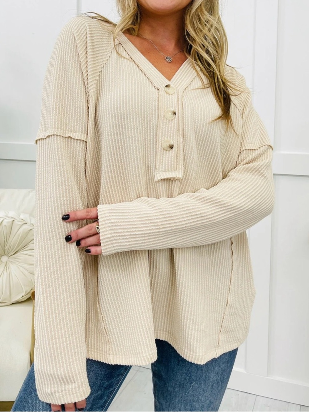 Andree Raised Ribbed Button V-Neck Knit Top